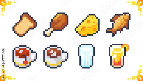 A set of pixel art food icons. A set of 2D game items, including bread, ham, cheese, fried fish, tea, coffee, milk, and juice. Perfect for role-playing and adventure games. Size: 16x16 pixels.