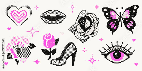 Pixelated pink and black icons featuring heart rose butterfly lips high heel and eye on white background