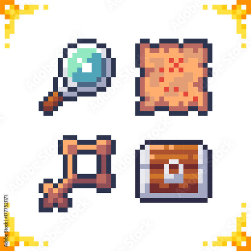 Pixel art treasure hunt items. Magnifying glass, map, key, chest. Perfect for role-playing and adventure games. 16x16 pixels.