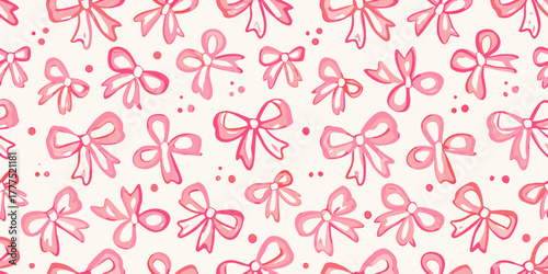 Seamless pattern of pink hand drawn bows and dots on a light background