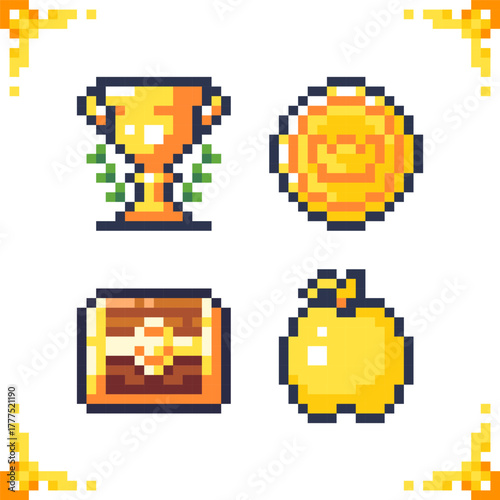 Pixel art icons of gold treasures and awards. Cup, coin, chest, golden apple. Perfect for role-playing and adventure games. 16x16 pixels.