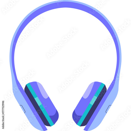 Close up of purple and teal over ear headphones with a transparent background and simple flat design perfect for music and audio representation