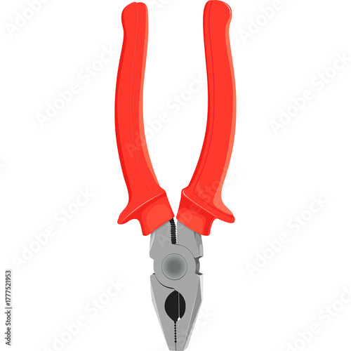 Close Up of Red Handled Pliers with Metal Jaws Isolated on a White Background Facing Forward
