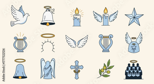 Hand Drawn Set of Angelic and Christian Religious Icons.