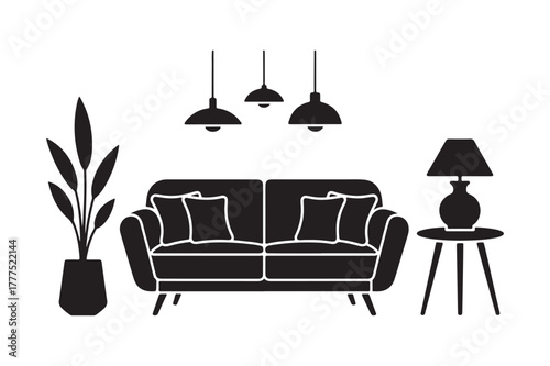 Modern living room furniture silhouette with plants and lamps