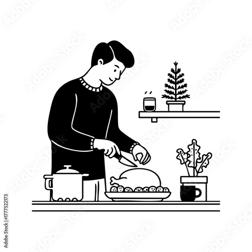 Man preparing a festive meal in cozy kitchen with holiday decor, representing home cooking, warmth, and Christmas dinner celebration.
