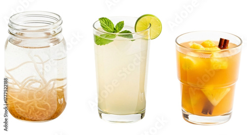 Three refreshing drinks in glasses and a jar, isolated on transparent background