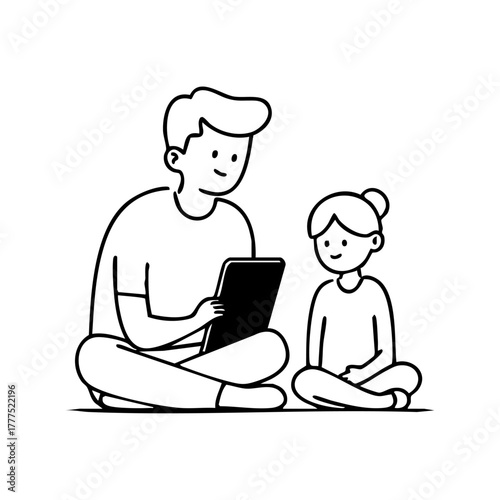 Father sitting with his daughter while showing something on a tablet, representing digital learning, home education, and nurturing interaction.