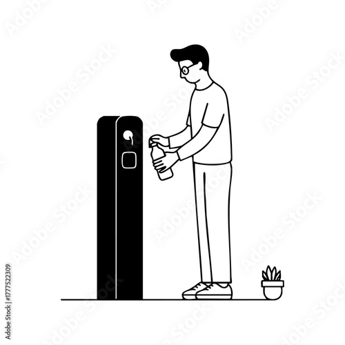 Man refilling a reusable water bottle at public station, promoting sustainability, eco-friendly lifestyle, and reduction of single-use plastic waste.
