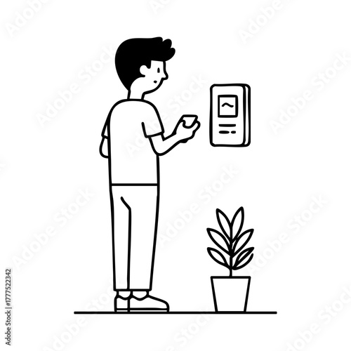 Man checking temperature settings on a digital thermostat using his smartphone, representing smart home energy control and automation technology.