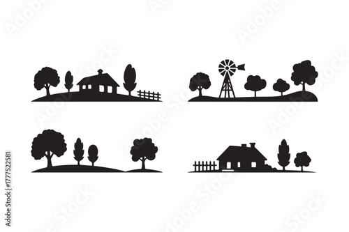Silhouette landscapes of rural farms and countryside scenes
