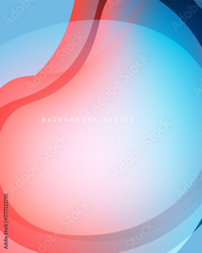 Abstract background features flowing shapes, gradients. Blue, red hues blend smoothly creating modern design. Minimalist aesthetic.