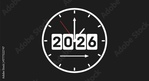 Clock Face Showing Year 2026 with Time Hands.