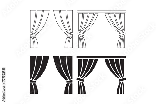 Two styles of draped curtains in outline and silhouette