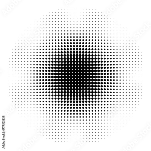 Black radial halftone dot circle with density gradient, abstract dot pattern background and seamless texture for posters, banners, retro prints, design and graphic element.

