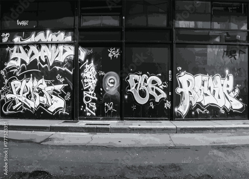 Black and White Graffiti Art on Storefront Windows urban street art
