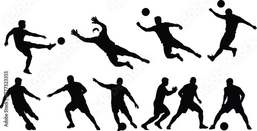 Soccer player silhouettes, kicking, dribbling, diving, running, defending, athletic motion, football action poses, sport energy, dynamic movement, technique