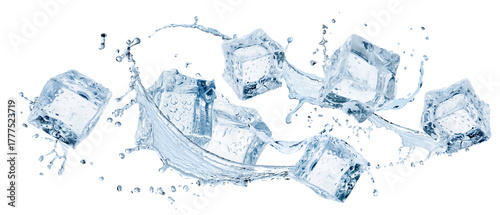 Ice cubes and splashing water in air on white background
