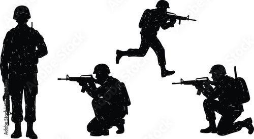 Soldier silhouette vector, tactical rifle pose, military action, combat stance, black icon, helmet gear, minimal design, defense, armed forces