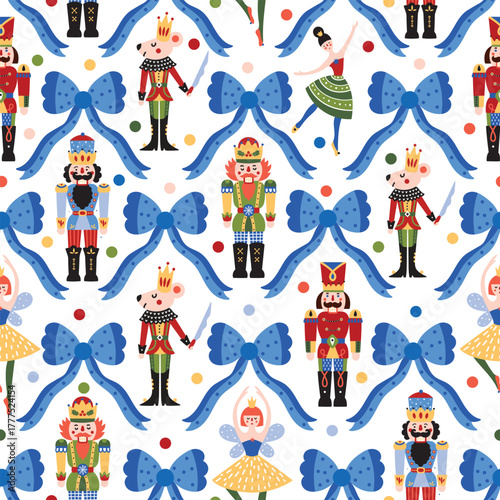 Nutcracker, bows, and confetti. Christmas seamless pattern Can be used for wallpaper, pattern fills, web page background, surface textures.