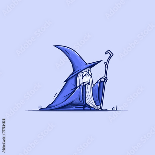 Mystical old wizard cartoon character with long white beard, pointed hat, and staff. Fantasy magic illustration.