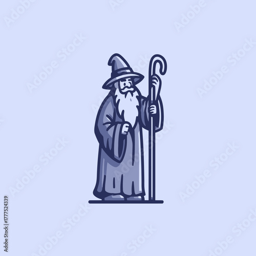 Classic cartoon wizard character illustration with staff and long beard, a mystical fantasy sorcerer figure in robes.