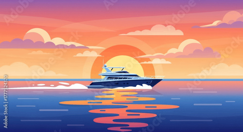 Luxurious Motor Yacht Cruising at Sunset.