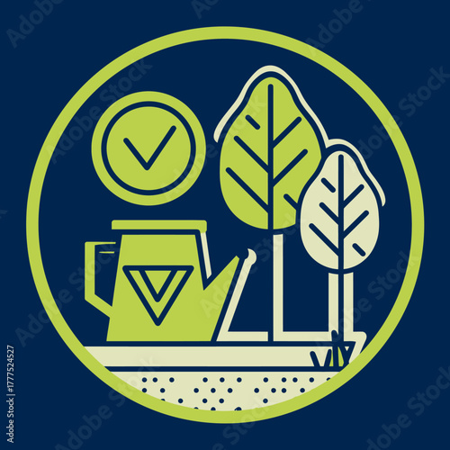 Gardening and growth vector illustration with watering can, trees, and checkmark. Sustainable planting, nature care, ecology concept.