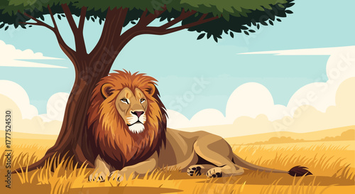 Majestic male lion resting peacefully under a tree in the African savanna.