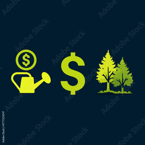 Green Investment Concept: Watering Can Growing Money, Dollar Sign, and Trees on Dark Background - Sustainable Finance