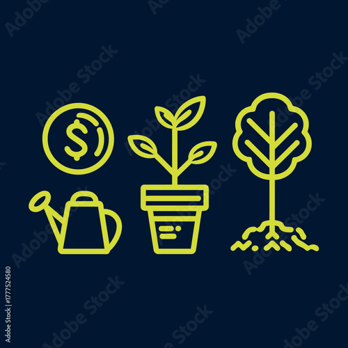 Financial growth concept icons showing money, watering can, seedling in pot, and mature tree with roots on dark background.