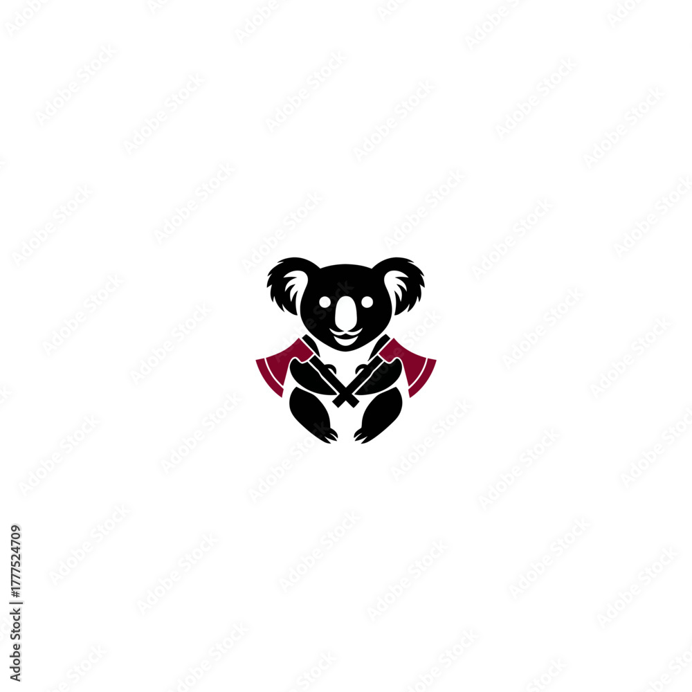 Fototapeta premium Powerful koala bear mascot in a red cape holding crossed axes, warrior animal character illustration, Australian wildlife design.