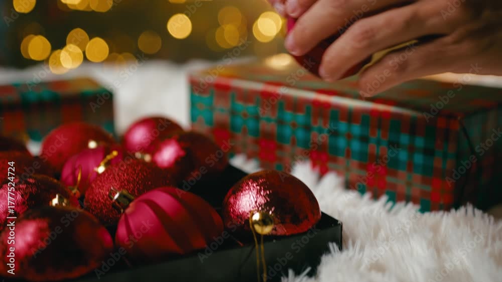 Hand Placing Christmas Ornament On Carpet