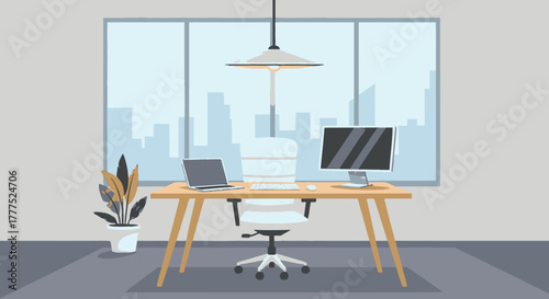 Modern Office Workspace with Desk, Laptop, Monitor, and Chair.