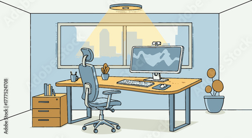 Modern Home Office Setup with Ergonomic Chair and Computer.