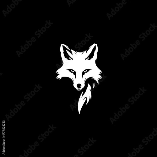 Minimalist white fox head silhouette on black background. Stylish wild animal graphic illustration, cunning wildlife emblem design concept.