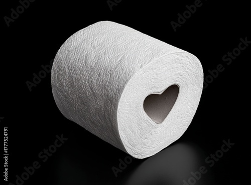 Whimsical heart-shaped toilet paper roll artfully arranged on a stark black background, a unique and unexpected juxtaposition for creative projects and attention-grabbing designs.