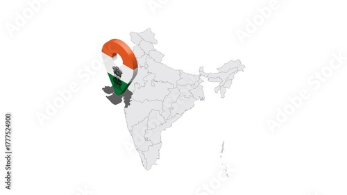 Location Gujarat on map India. 3d Gujarat State emblem map marker location pin. Map of India showing different parts. 4K.  Animated Video