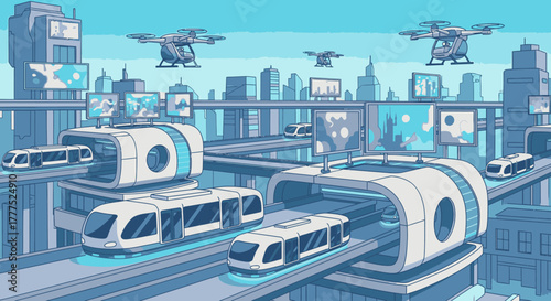 Futuristic public transportation system with sleek, modern trains and elevated tracks.