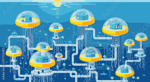 Futuristic underwater city with glowing domes and intricate pipe systems.