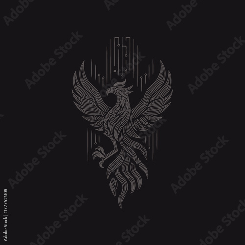 Majestic grayscale phoenix rising illustration. Detailed mystical bird emblem, mythical creature design on a dark black background.