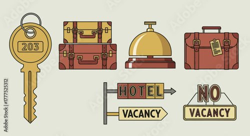Hotel and Travel Essentials Collection with Key, Luggage, Bell, and Signs.
