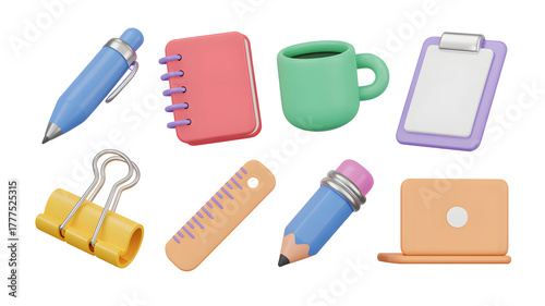 3D School and Office Supplies: Pen, Notebook, Mug, Clipboard, Binder Clip, Ruler, Pencil, Laptop