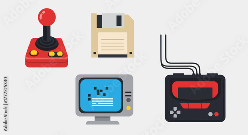 Retro Gaming Icons - Joystick, Floppy Disk, Monitor, and Console.