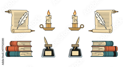 Vintage Writing Tools and Books Collection for Education and Literature.