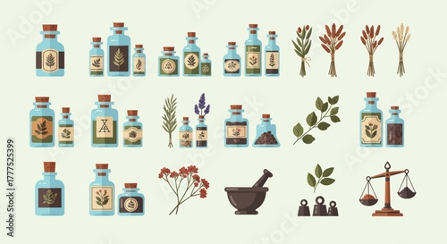 Apothecary Collection - Vintage Bottles, Herbs, and Traditional Tools.