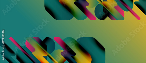 Abstract colorful shapes overlap, creating dynamic visual effect. Gradient hues blend smoothly, forming modern design.
