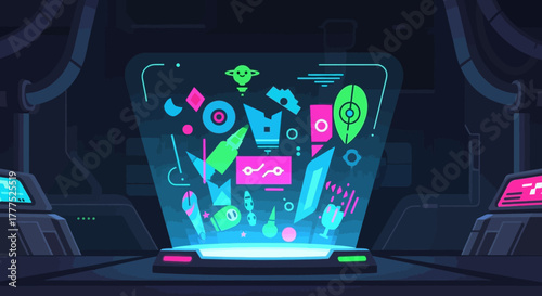 Holographic display showcasing various digital assets and abstract shapes.
