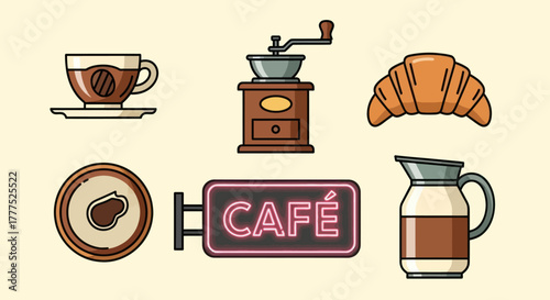 Assortment of coffee and cafe related items including a cup, grinder, croissant, sign, and pitcher.