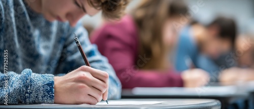 Focused high school students diligently taking an important exam, concentrated faces filled with academic pressure and quiet determination in a modern classroom setting